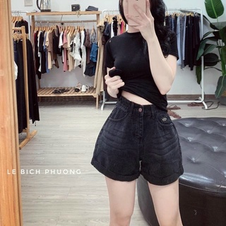 YE QUẦN SOOC JEAN ĐEN TRƠN GẬP GẤU CHO NỮ