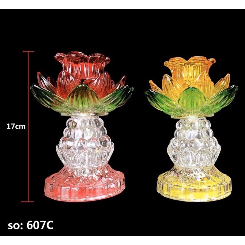 Cặp đôi đèn led 7 màu thuỷ tinh hoa sen thân trái nho vàng đỏ hồng cao 17cm