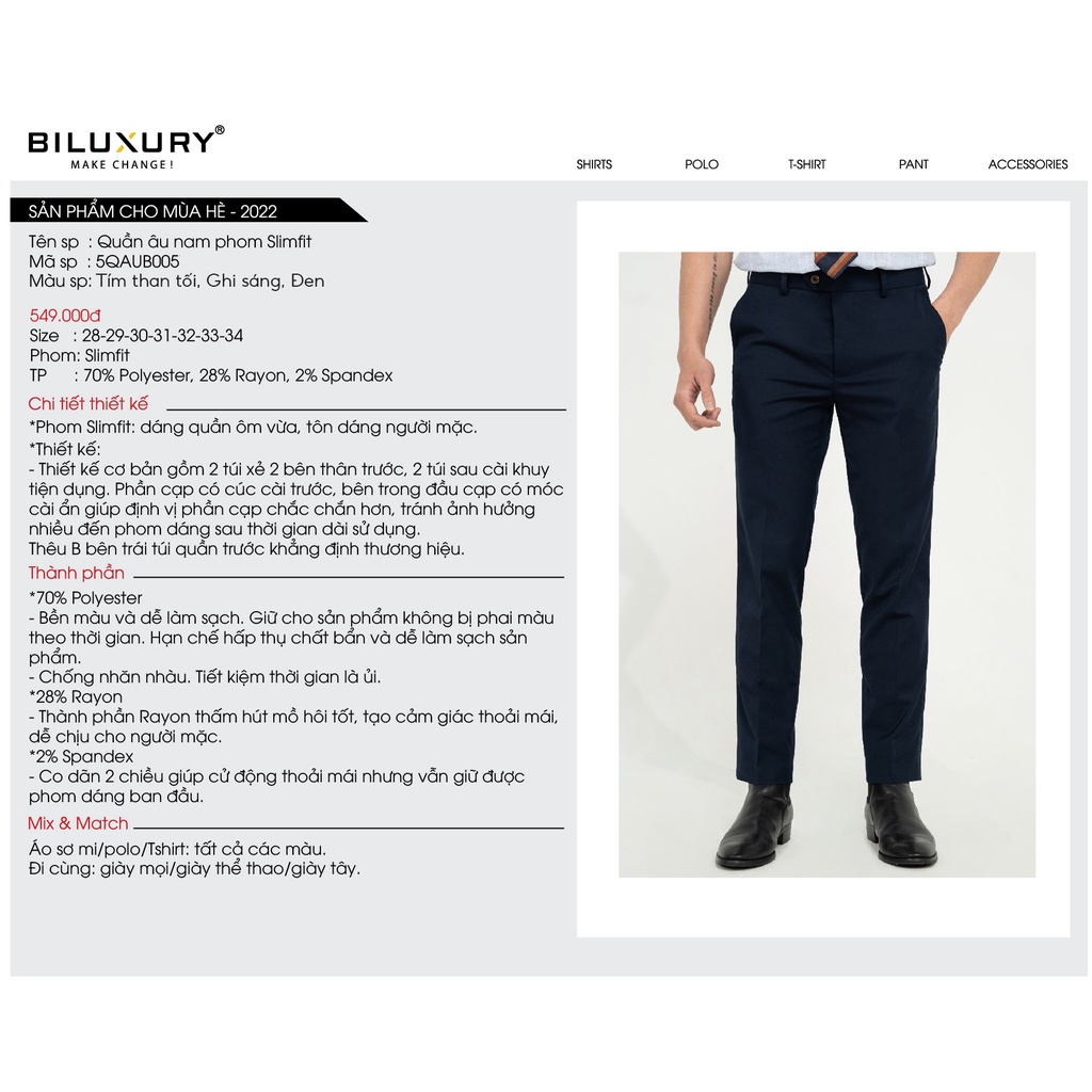 Quần âu nam Biluxury 5QAUB005 form chuẩn slimfit dày dặn tôn dáng