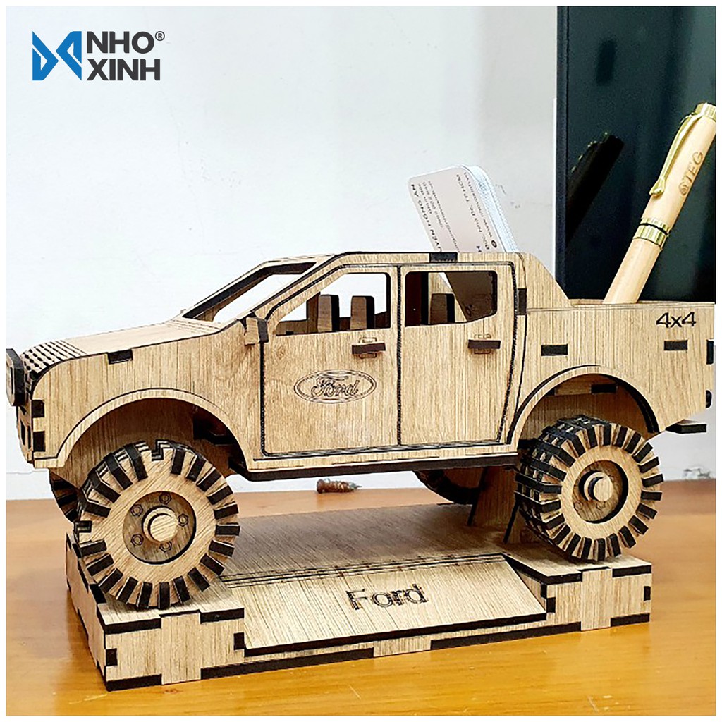 Mô hình gỗ xe bán tải Ford Ranger, Nhãn hiệu Nhỏ & Xinh, Trang trí bàn làm việc, chứa đựng card visit cắm bút viết