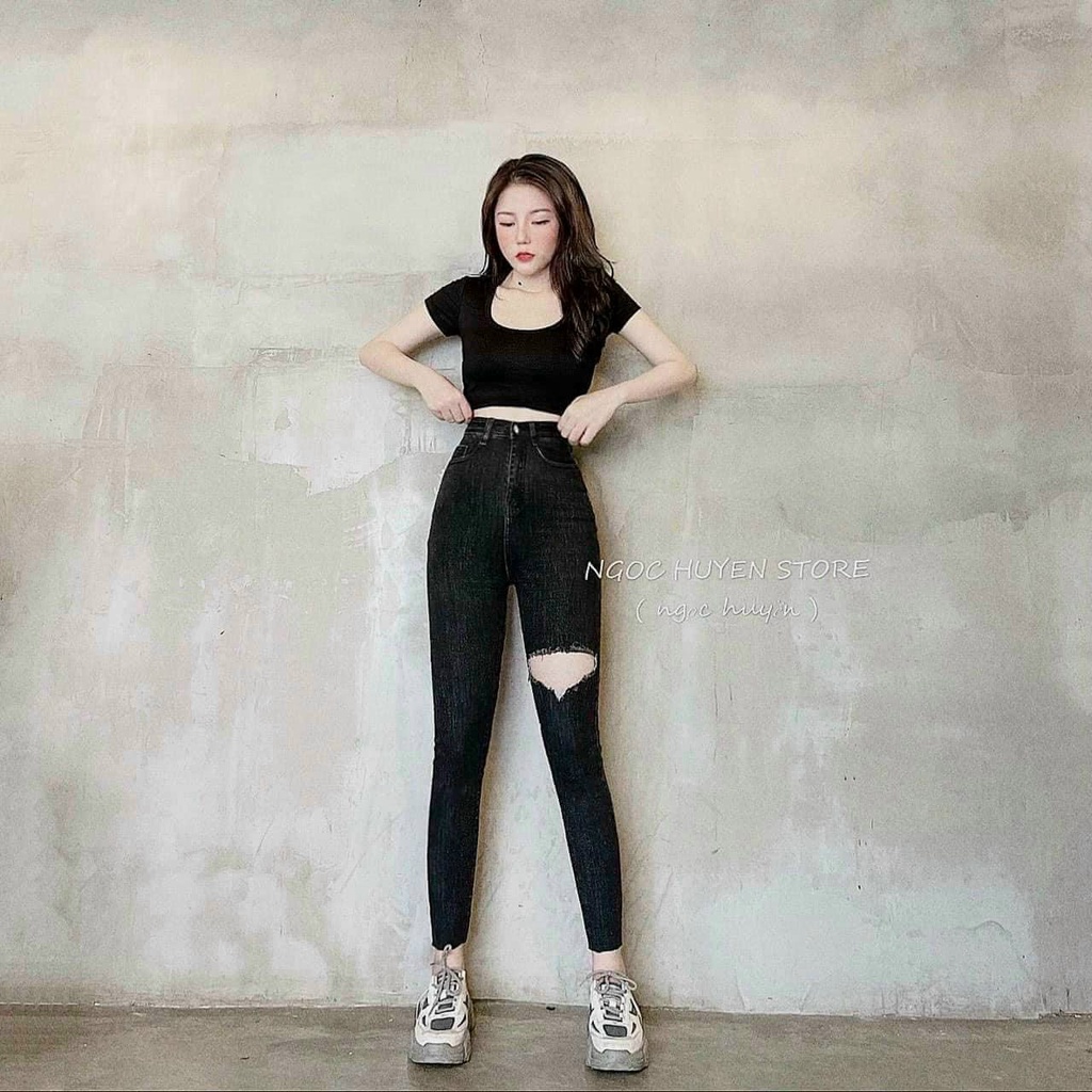 quần jean co dãn màu đen rách gối cực xinh tôn dáng