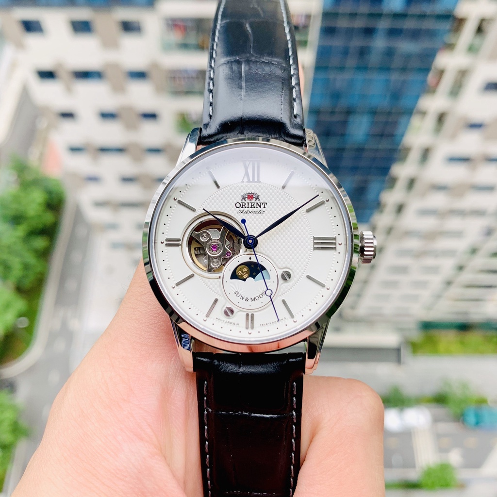 Đồng hồ nam chính hãng Orient SunMoon OpenHeart White RA-AS0005S - Máy cơ tự động - Kính Sapphire - Dây da