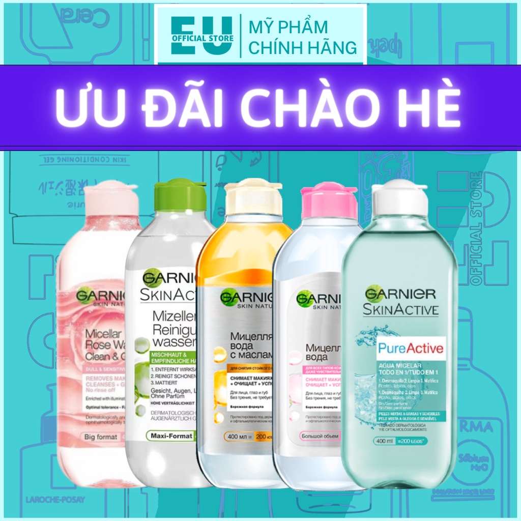 [Loại 400ml] Nước Tẩy Trang Micellar Garnier Hồng/ Vàng/ Xanh Skinactive Cleansing Water