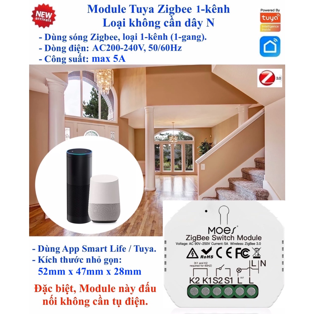 Module (Mô đun) công tắc Zigbee / Wifi không cần dây N (dây Nguội), App Smart Life / Tuya / Home Assistant. Mẫu 0 -