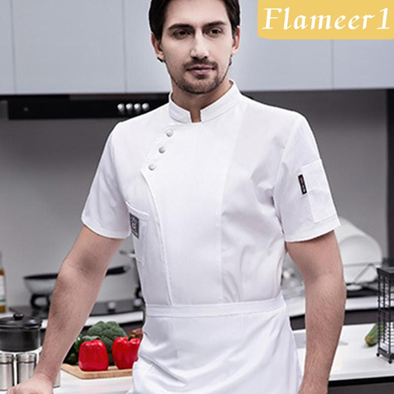 [Flameameer1] Áo Khoác Đầu Bếp Ngắn Tay Vải Cotton Mềm Thoáng Khí Cổ Điển Cho Máy Chủ