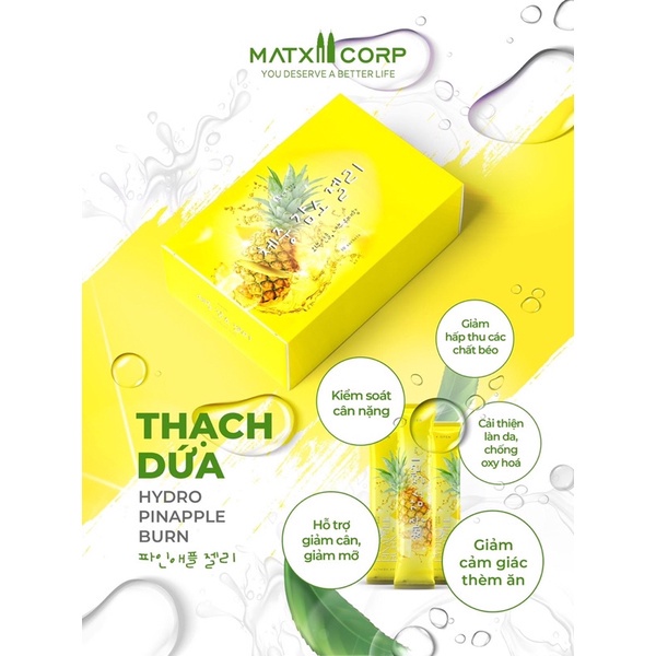 Thạch Dứa Giảm Cân Matxicorp Hộp 10 Gói, Thạch Dứa Hydro Pinapple Burn, Ăn Ngon Dáng Đẹp