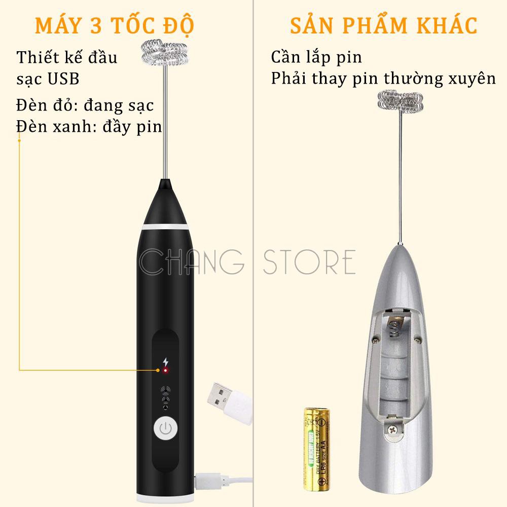 Máy Đánh Trứng, Tạo Bọt Cà Phê Cầm Tay Chạy Điện Sạc USB 3 Tốc Độ Siêu Tiện Lợi