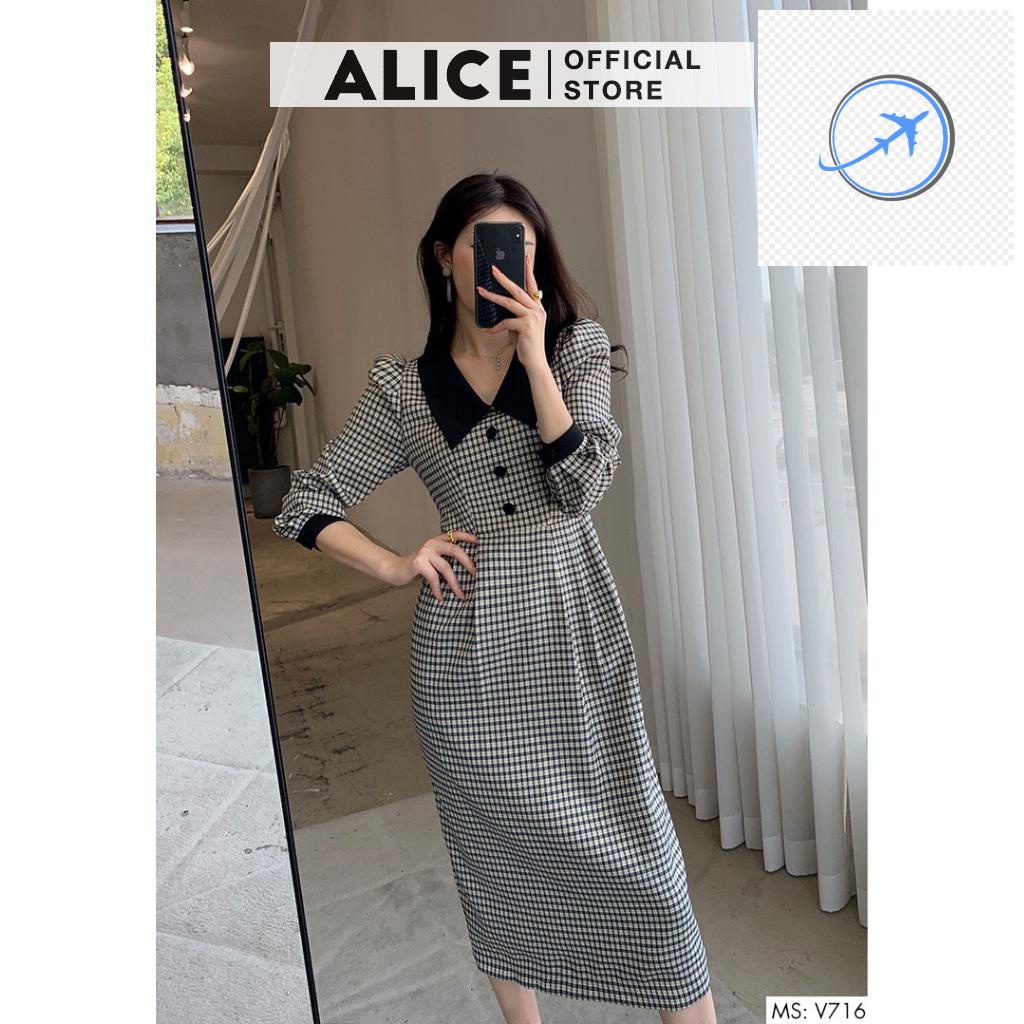 Váy Công Sở Kẻ Dài Tay Dáng Suông ALICE V716, Váy Thiết Kế Bo Cổ Tay Sang Chảnh Cho Mùa Thu Đông