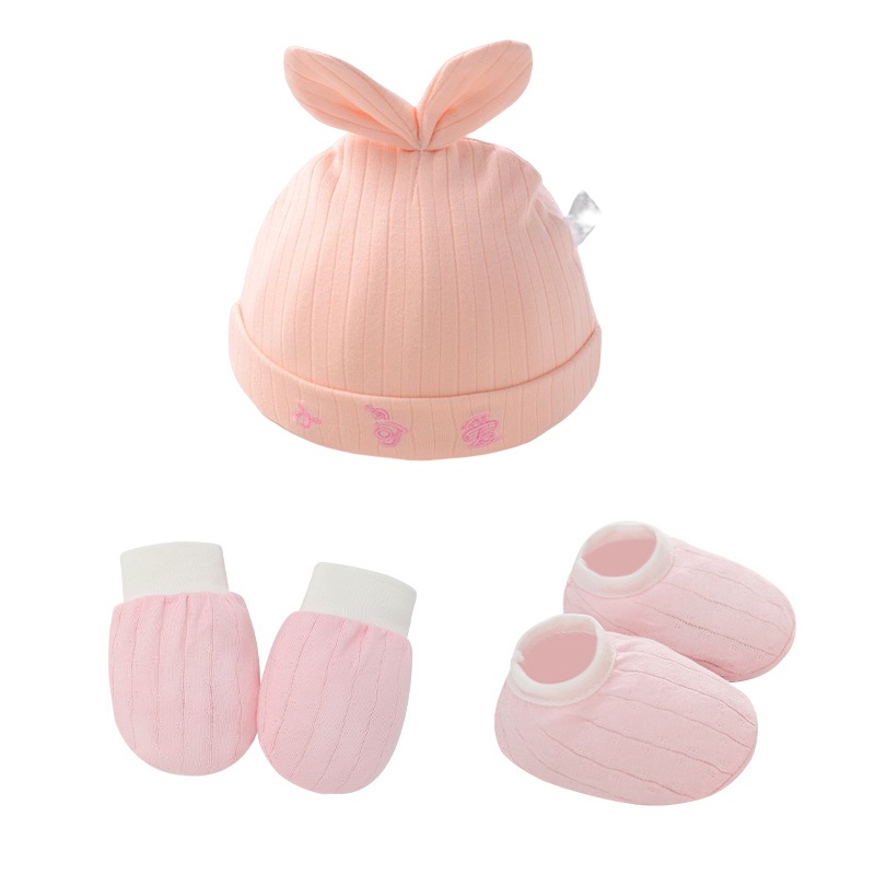 Set 3 Món Nón + Vớ + Găng Tay cotton Dễ Thương Cho Bé 0-6 Tháng