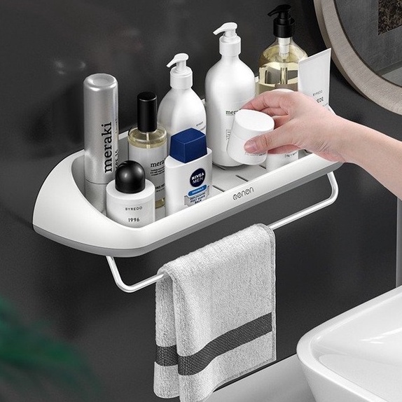 Kệ Nhà Tắm Để Đồ Có Thanh Nhôm Treo Khăn OENON Lắp Đặt Dán Tường Cao Cấp