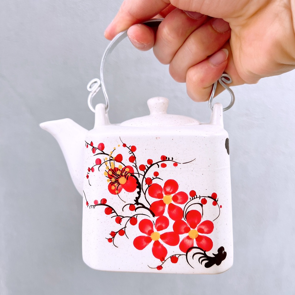 Bộ ấm chén uống trà  Gốm Sứ Bát Tràng  bộ ấm trà,Vuông Sáo Đào Đỏ đẹp decor GOMPHUQUY ĐL01