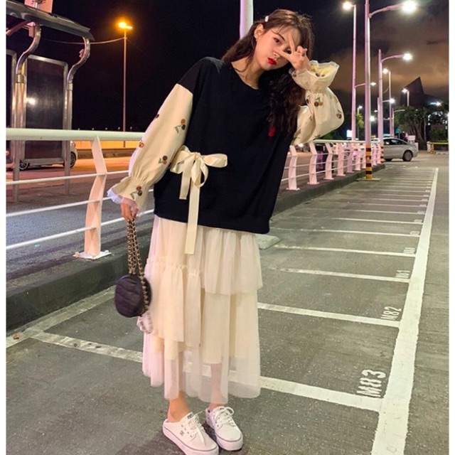 ÁO NỈ THẮT NƠ CHERRY CHÂN VÁY BỒNG BỀNH