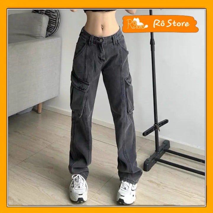 Quần jean nữ ống rộng lưng cao màu xám khói thiết kế túi hộp phong cách Rô Store QD51