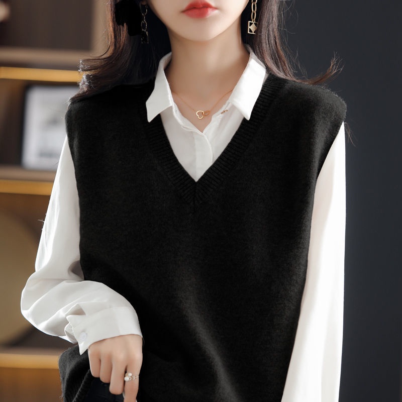 Áo Len Không Tay Cổ Chữ v Dáng Rộng Màu Trơn Phong Cách Retro Thời Trang