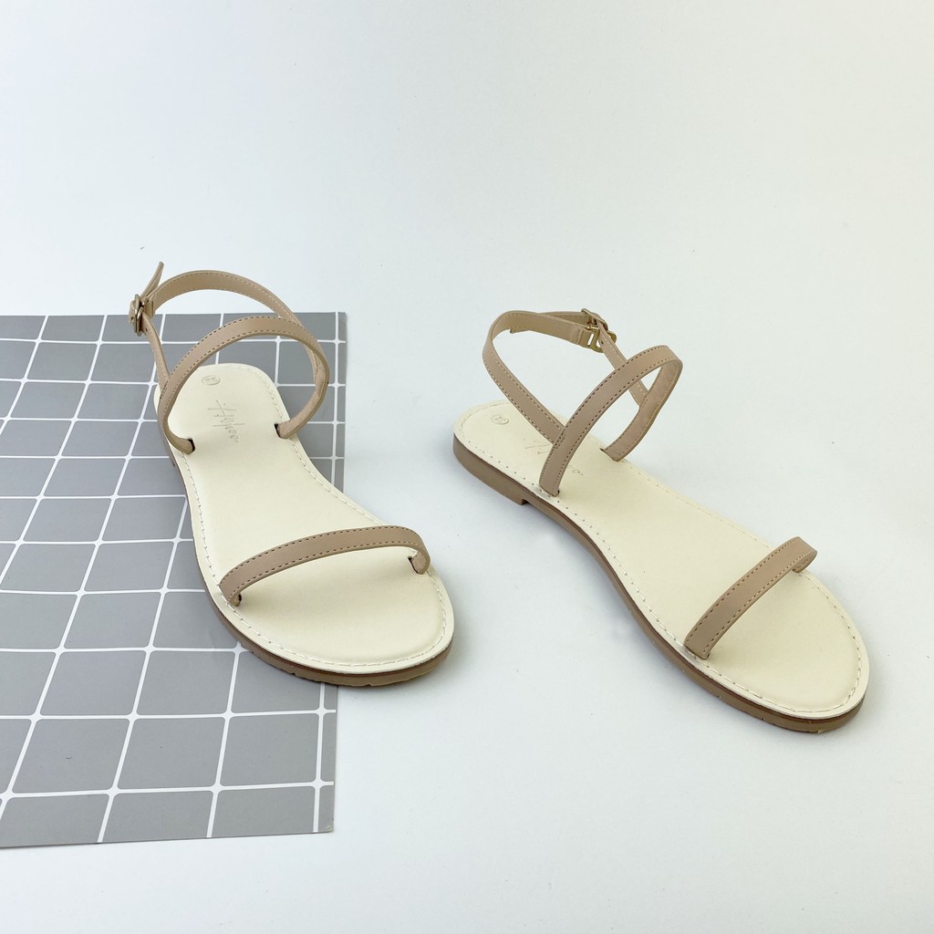 Giày sandal đế bệt HISHOO mũi tròn phối dây mảnh 1 cm có bigsize S005