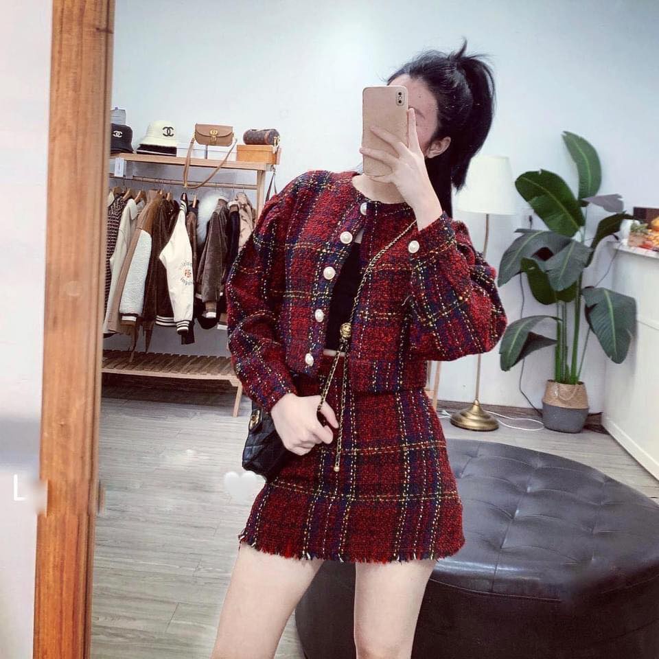 Set dạ nữ hàng quảng châu siêu đẹp,áo khoác + chân váy cạp cao mặc sáng da lên dáng siêu điệu đà