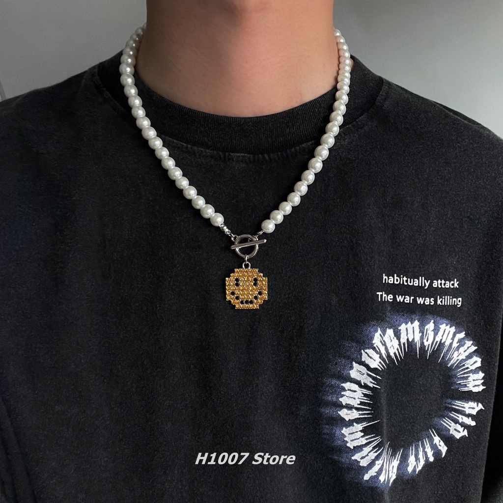 vòng cổ Mặt Hình Mặt Cười Đính Ngọc Trai Thời Trang Hip Hop Cho Cặp Đôi
