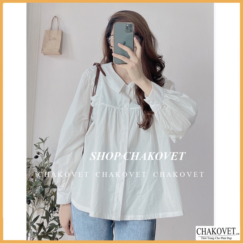 Áo sơ mi nữ dài tay form rộng CKA872, kiểu áo nữ cổ bẻ dáng babydoll trắng tiểu thư vai bèo mặc đi làm, đi học, đi chơi | BigBuy360 - bigbuy360.vn