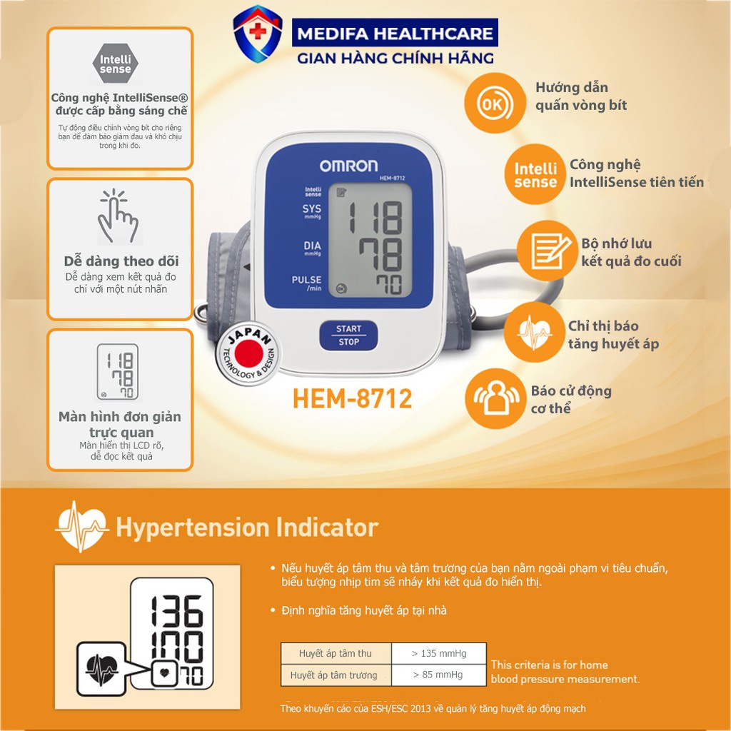 Máy Đo Huyết Áp Omron HEM-8712 Tự Động Đo Cho Kết Quả Nhanh Chóng, Chính Xác, Bảo Hành 5 Năm