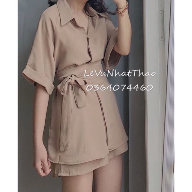 set sơmi oversize form rộng nude, trắng + quần short thắt nơ eo (ảnh thật)