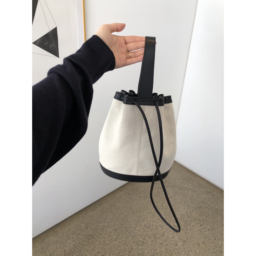 Túi đeo vai vải canvas phối da dây rút kiểu Hàn Quốc thời trang 2023