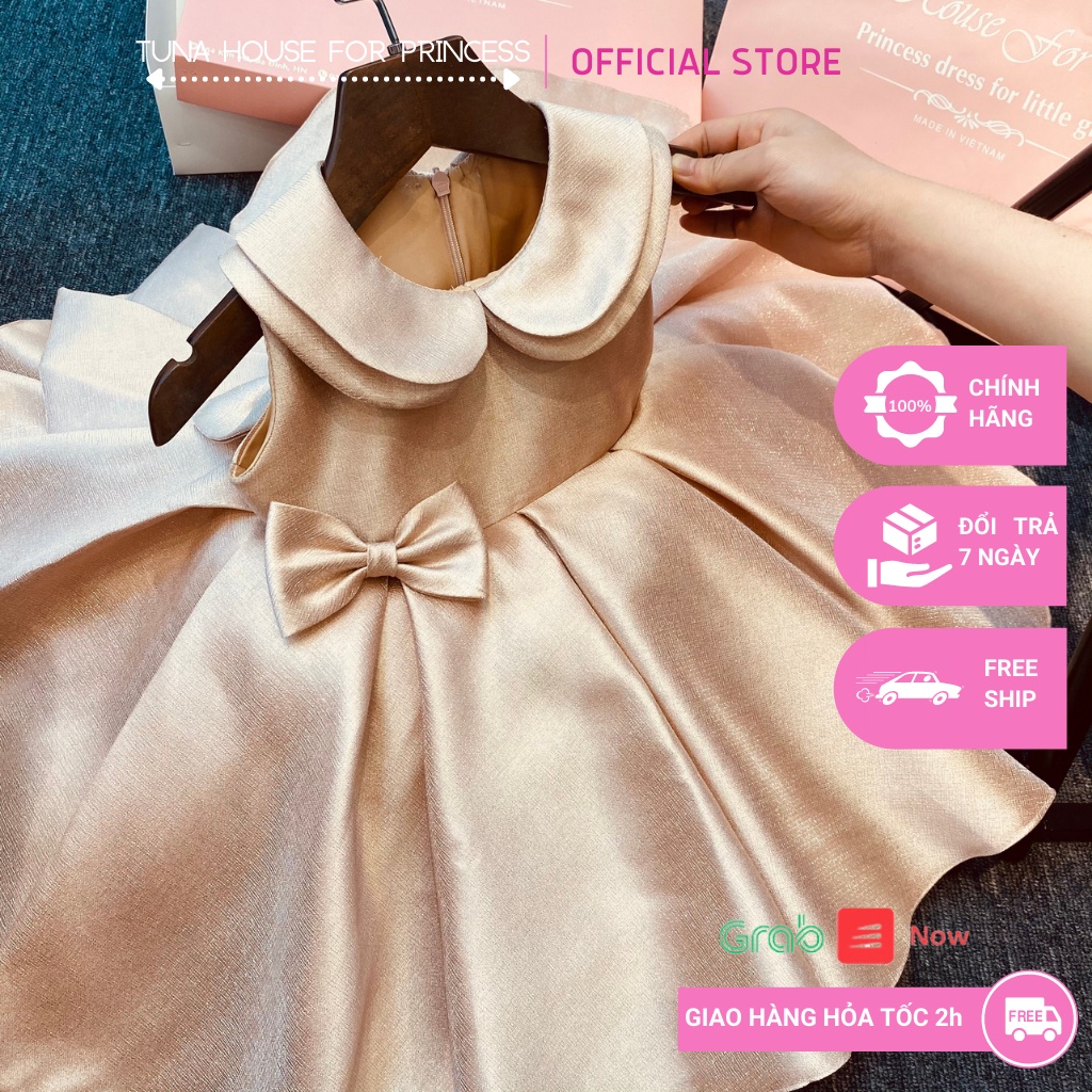 Váy đầm xoè công chúa thiết kế cho bé gái sát nách cổ sen vải Taffa nhũ - Tuna House For Princess