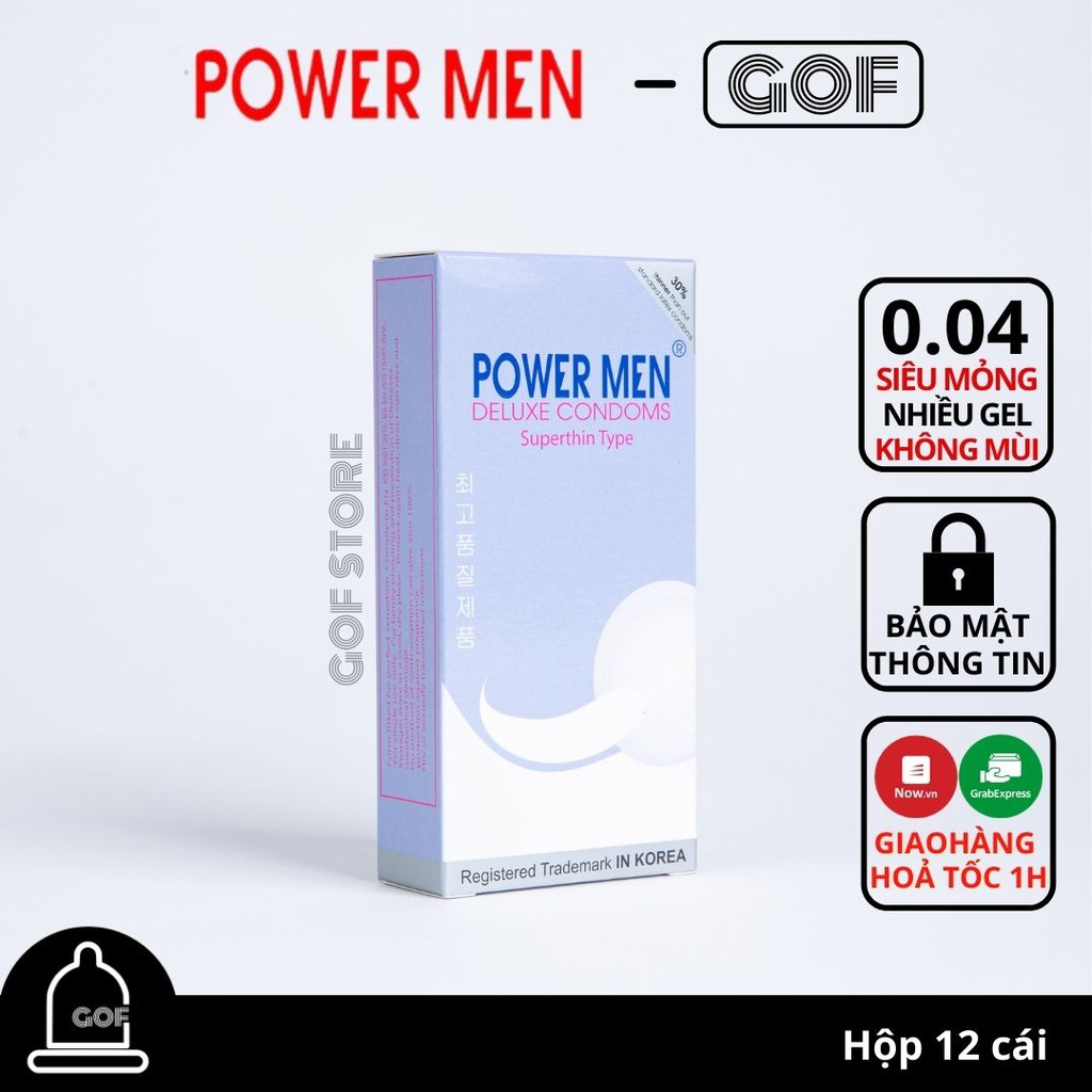 Bao cao su siêu mỏng Power men superthin type nhiều gel Hộp 12 bao- Chính Hãng - GoF Store