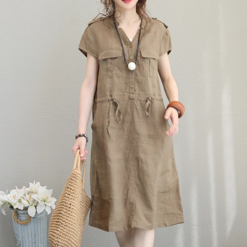 Đầm suông linen cổ V túi hộp thắt eo, thời trang phong cách Hàn