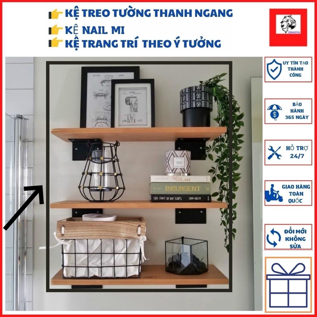 Kệ gỗ treo tường thanh ngang 60cm x 15cm, thanh ngang giấu chân tặng phụ kiện giá xưởng zenkota