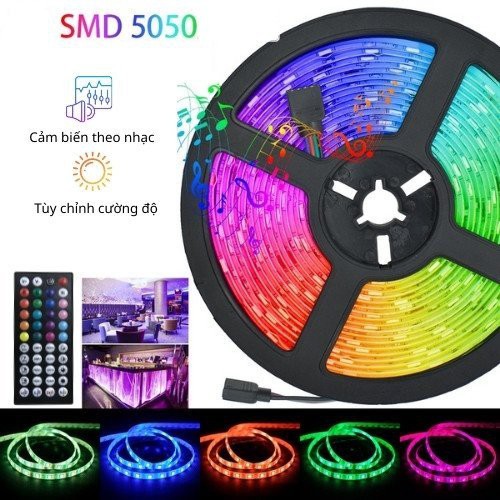 [ Cảm ứng nháy theo nhạc - Full bộ ] Cuộn đèn LED RGB 5m 5050 dây dán đổi 7 màu có phủ silicon bên ngoài chống nước