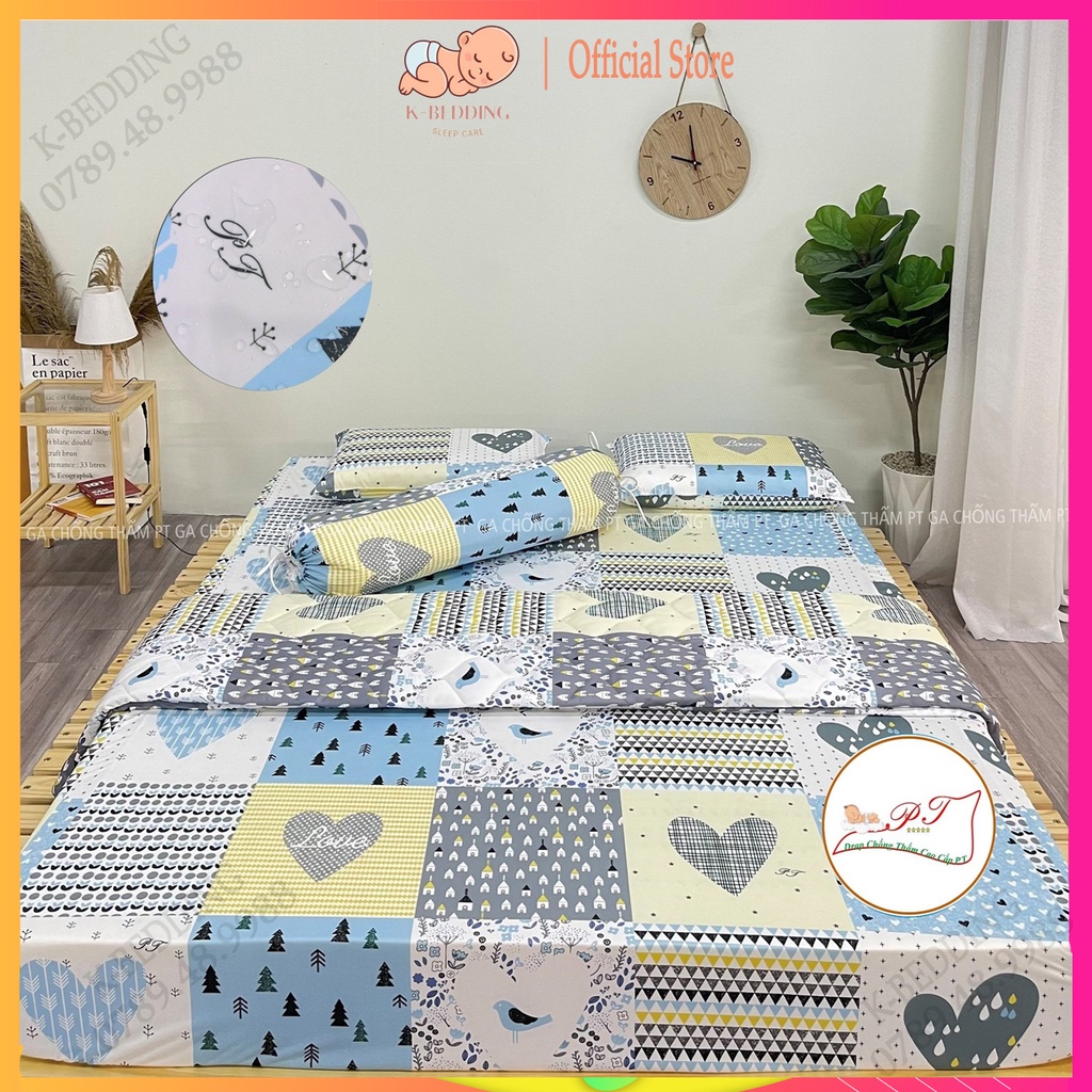 Bộ ga chống thấm cotton cho bé, drap chống thấm nước cao cấp kèm vỏ gối đầu và vỏ gối ôm mềm mịn mát (mẫu love xanh)