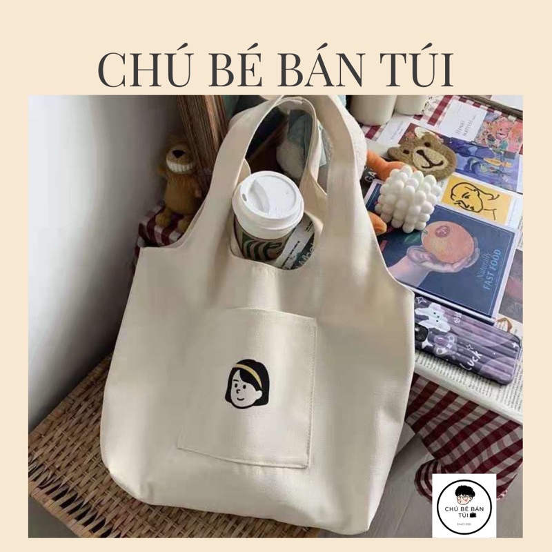 Túi tote vải canvas đeo vai cho Nữ hình Cô gái xinh xắn dễ thương phong cách Hàn Quốc, Túi tote xách tay dáng rộng