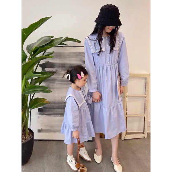 Đầm đôi cho mẹ và bé cổ thuỷ thủ phối ren BAM STORE
