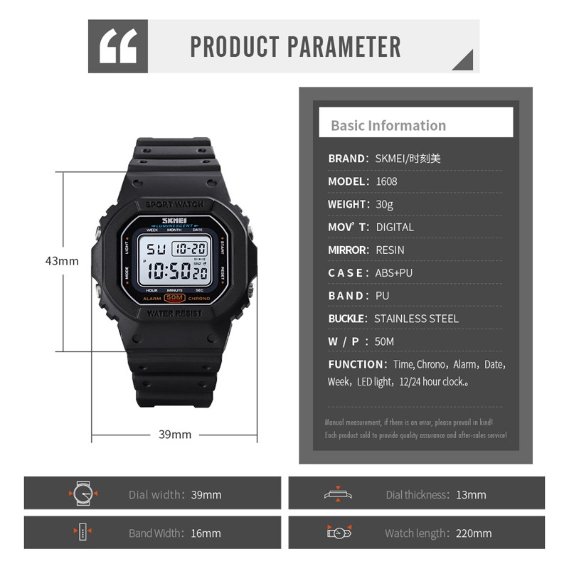 Đồng Hồ Điện Tử SKMEI 1608 Có Đồng Hồ Báo Thức Đa Năng Thời Trang