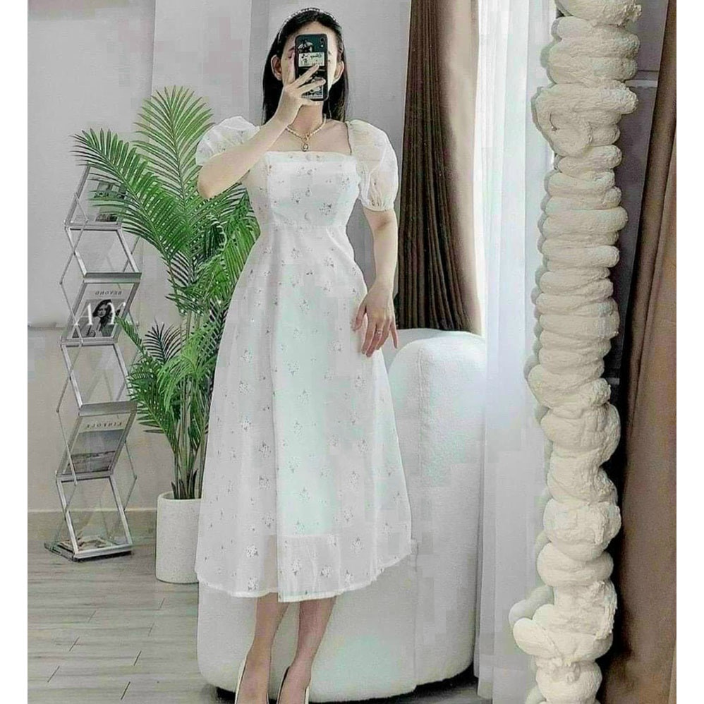 [HCM] Đầm Xòe Nữ Voan Hoa 2 Lớp Tay Phồng (Có Mút Ngực) Cao Cấp Thời Trang Nữ Sam Closet Free Size 40-55kg