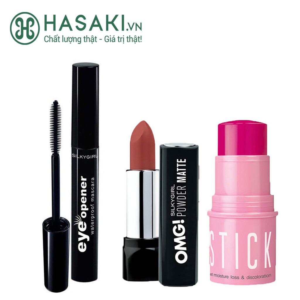 Combo Silky Girl Son Lì Siêu Mịn + Má Hồng Dạng Thỏi + Mascara Chống Thấm Nước Màu Đen