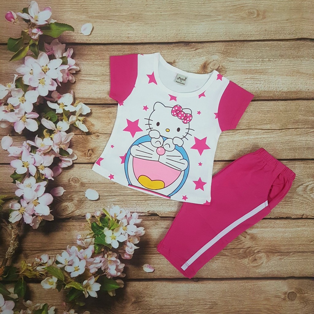 Bộ thun bé gái kitty và doreamon quần sọc nhỏ và đại