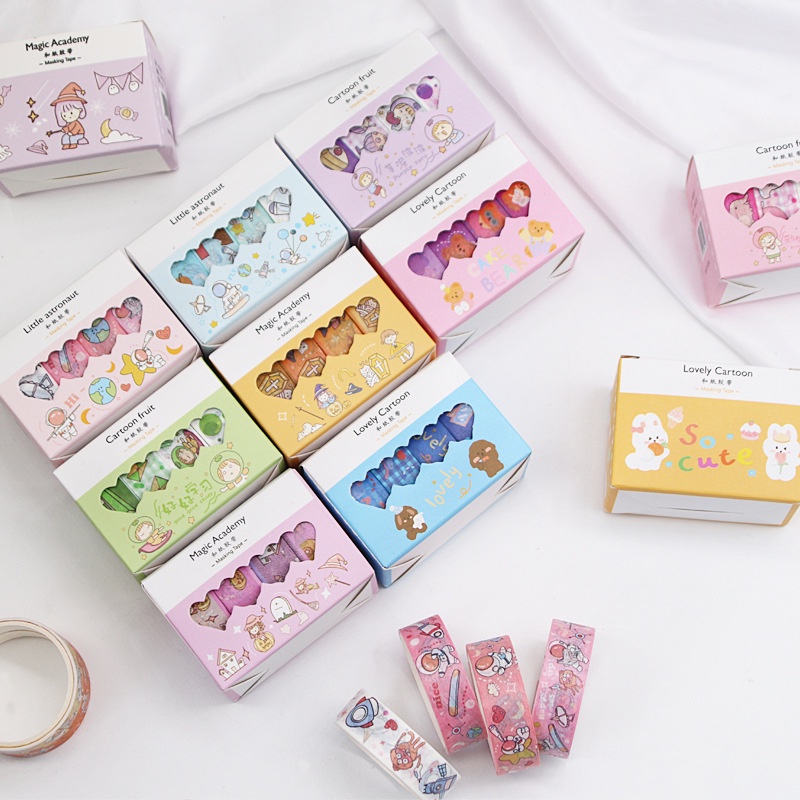 RUIXIANG Set 4 cuộn băng keo washi Ruixiang họa tiết hoạt hình dễ thương