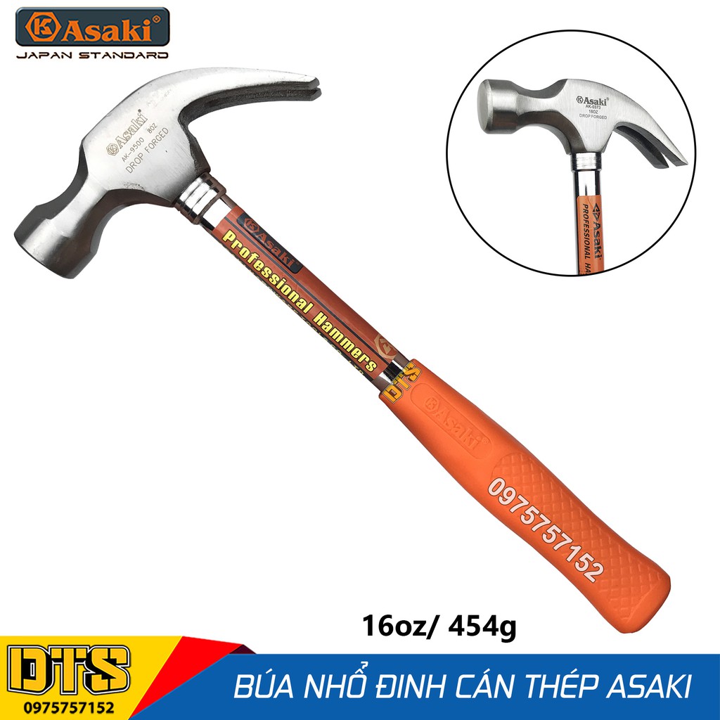 Búa sừng dê, búa nhổ đinh cán thép cứng 16oz/ 454g Asaki AK-0373 – Đầu đóng đinh đầu tròn thép siêu cứng