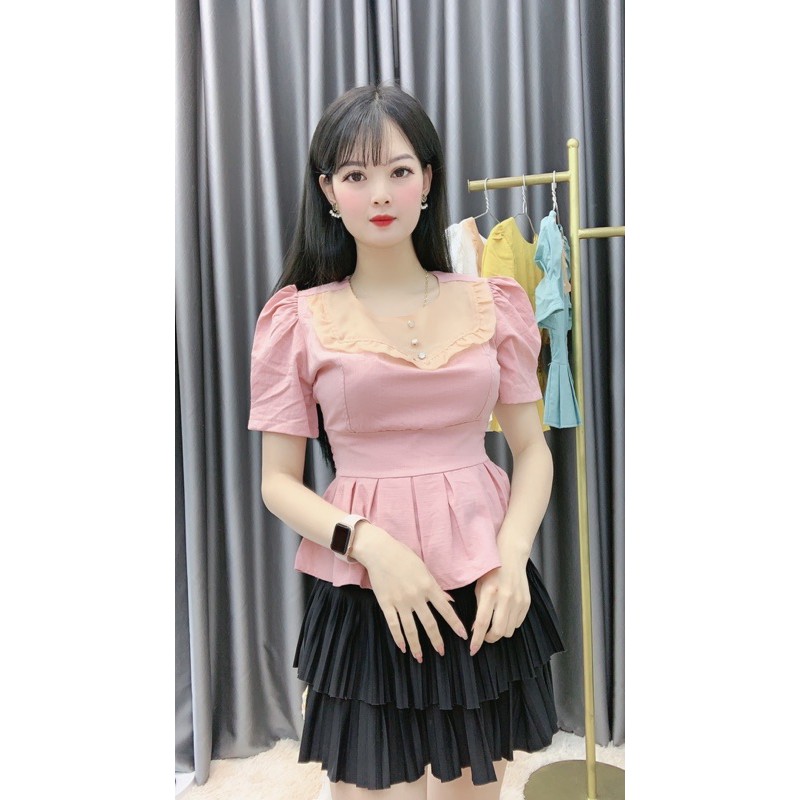 Áo sơ mi nữ A8 công sở kiểu tay ngắn cổ tròn pha ren kèm cúc - 4 Màu: Trắng, Xanh, Hồng, Vàng