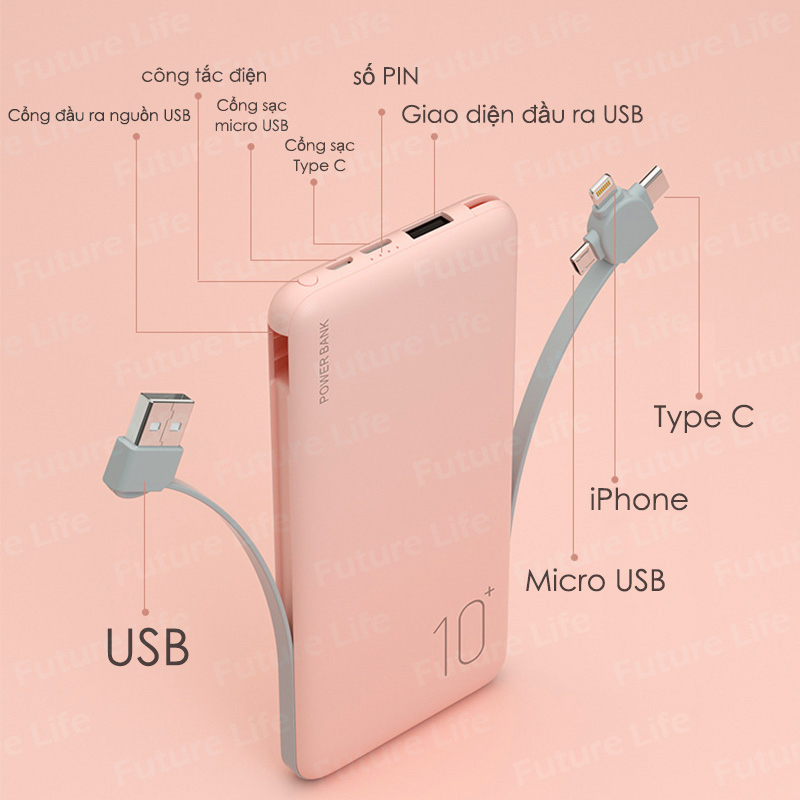 Sạc Dự Phòng 10000mAh Pin Sạc Dự Phòng  Đi Kèm Với Ba Loại Cục Sạc Dự Phòng Micro Usb Type-c Macaron Xạc Dự Phòng