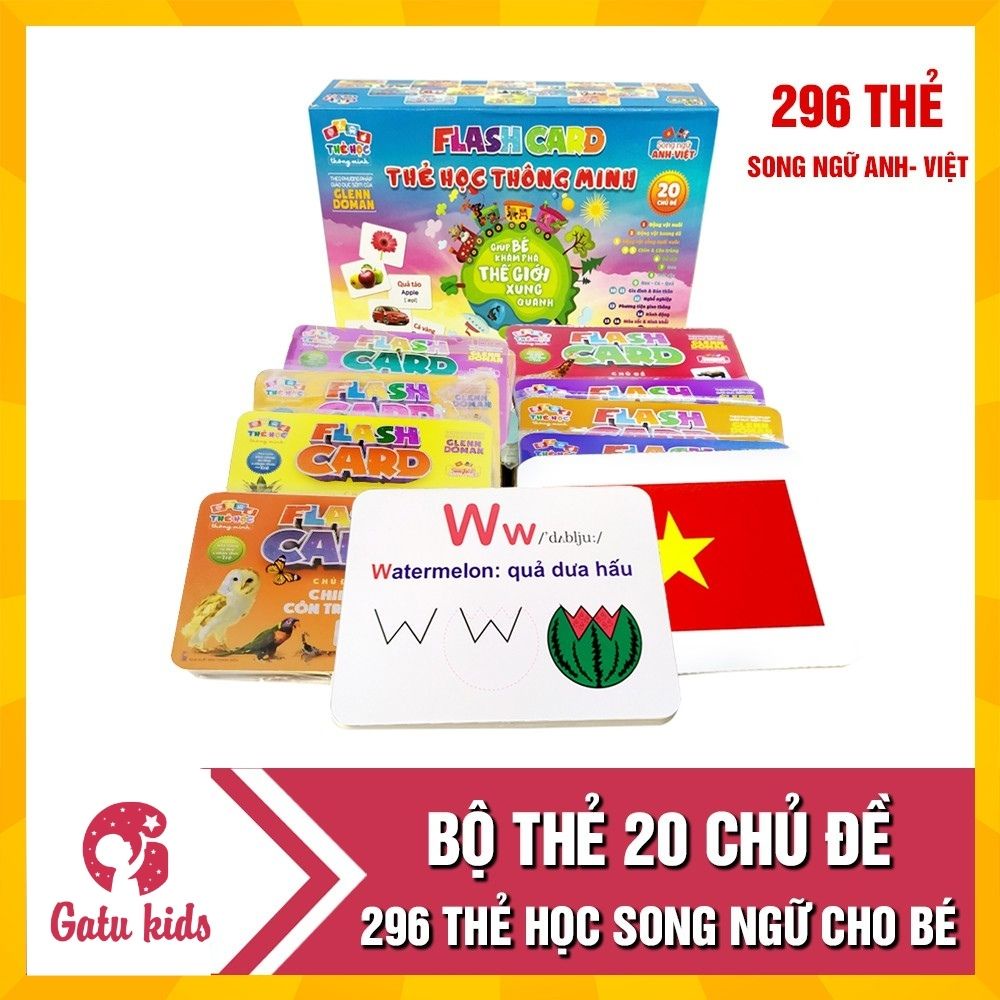 Bộ thẻ học 20 chủ đề song ngữ Anh - Việt loại To (296 thẻ học) giúp bé nhận biết