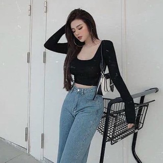Áo kiểu croptop tay dài cổ U trơn cực xinh , chất thun lụa mềm mịn co giãn