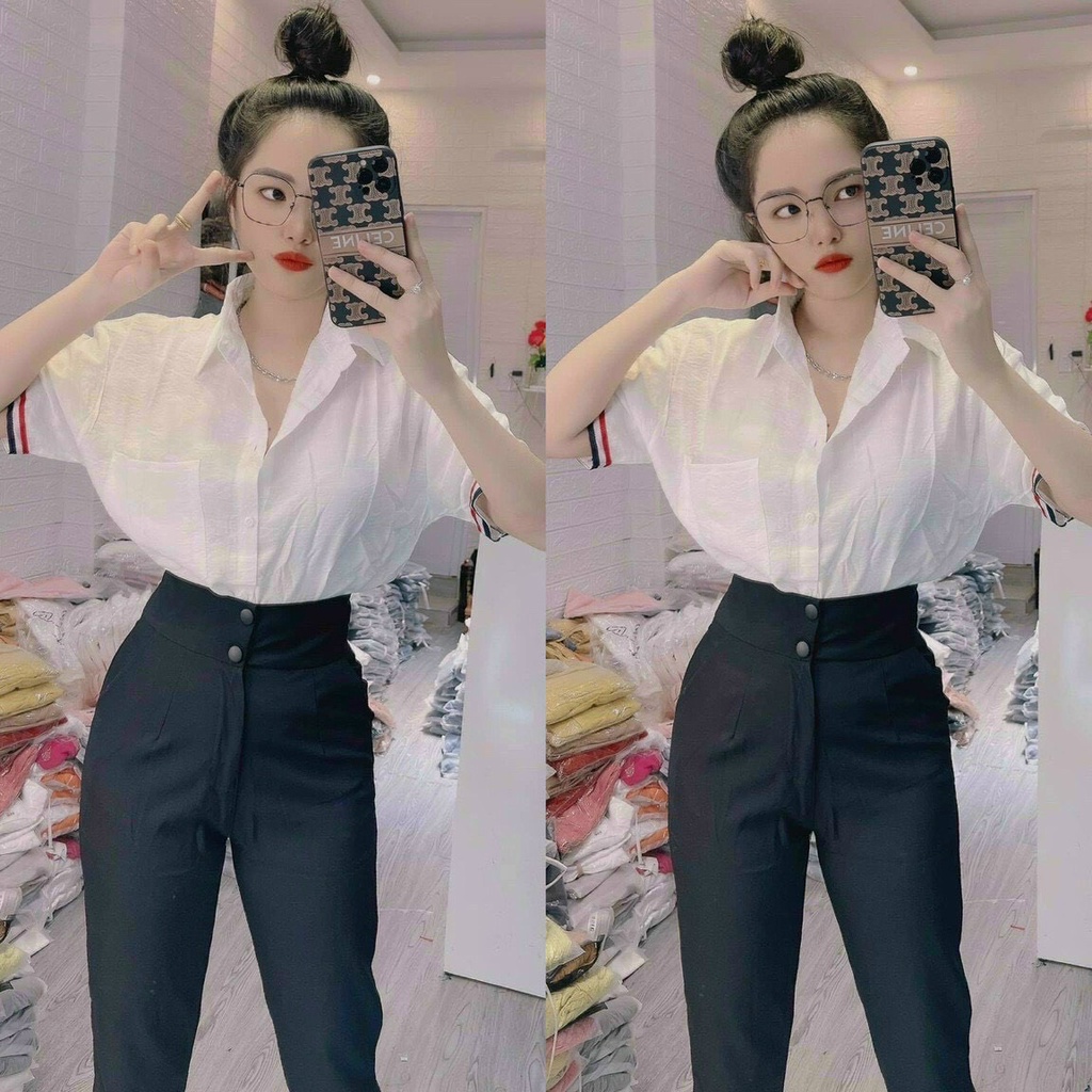 Áo sơ mi nữ tay ngắn sọc cổ bẻ phối túi nhỏ xinh 48