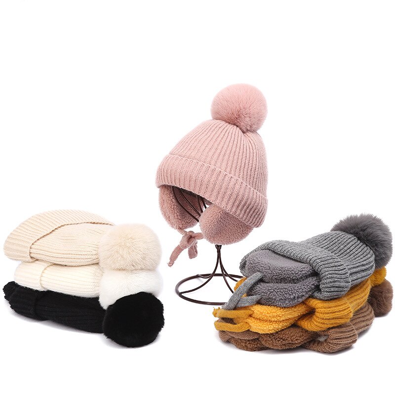 Mũ Beanie Dệt Kim Dày Dặn Giữ Ấm Tai Thời Trang Mùa Đông Cho Bé