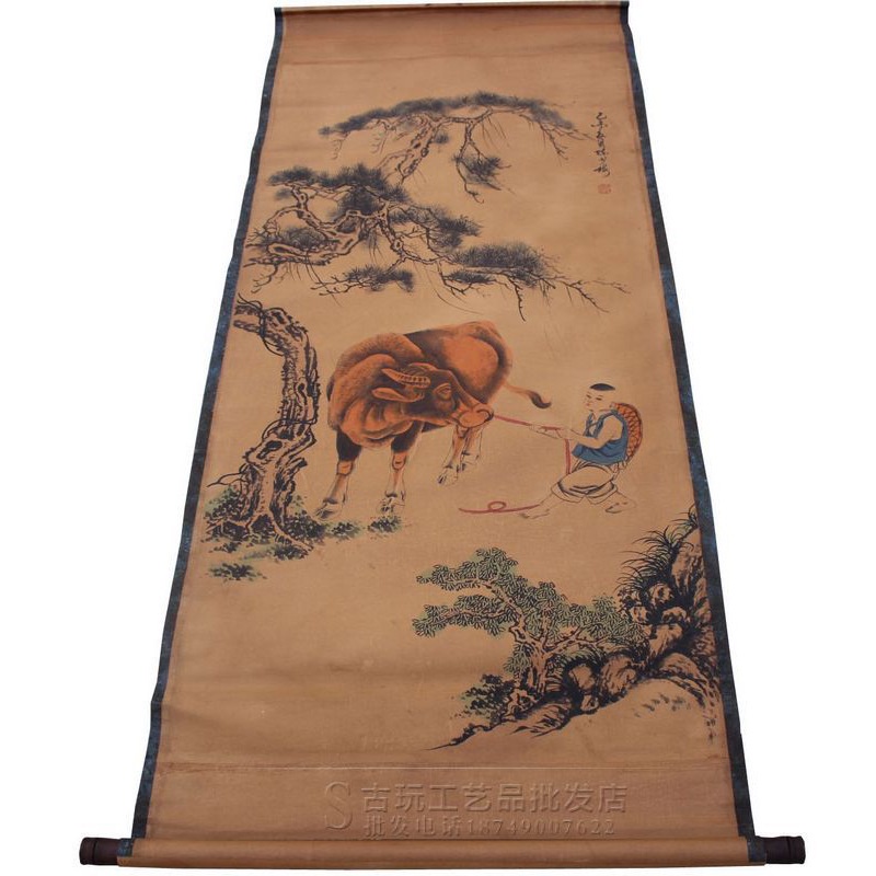 Tranh giả cổ TIỂU HÀI PHÓNG NGƯU, Tranh giấy xuyến chỉ viền bo lụa size lớn 155 x 74cm