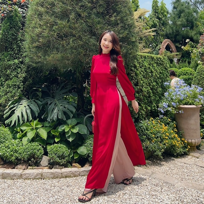 Áo dài đỏ cách tân nữ mặc dịp bưng quả, đi lễ không kèm quần CHUU RED