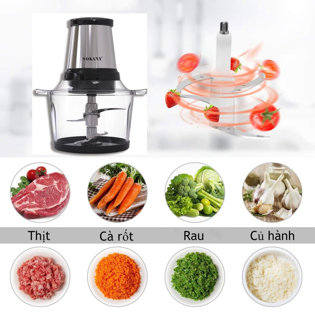 Máy xay thịt đa năng Sokany cối thủy tinh 2L 800W lưỡi dao kép 2 tầng siêu bền