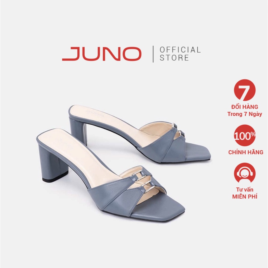 Giày Sandal Mules Cao Gót 7cm Quai Ngang JUNO Da Trơn Hở Mũi Đính Khóa Trang Trí SD07073