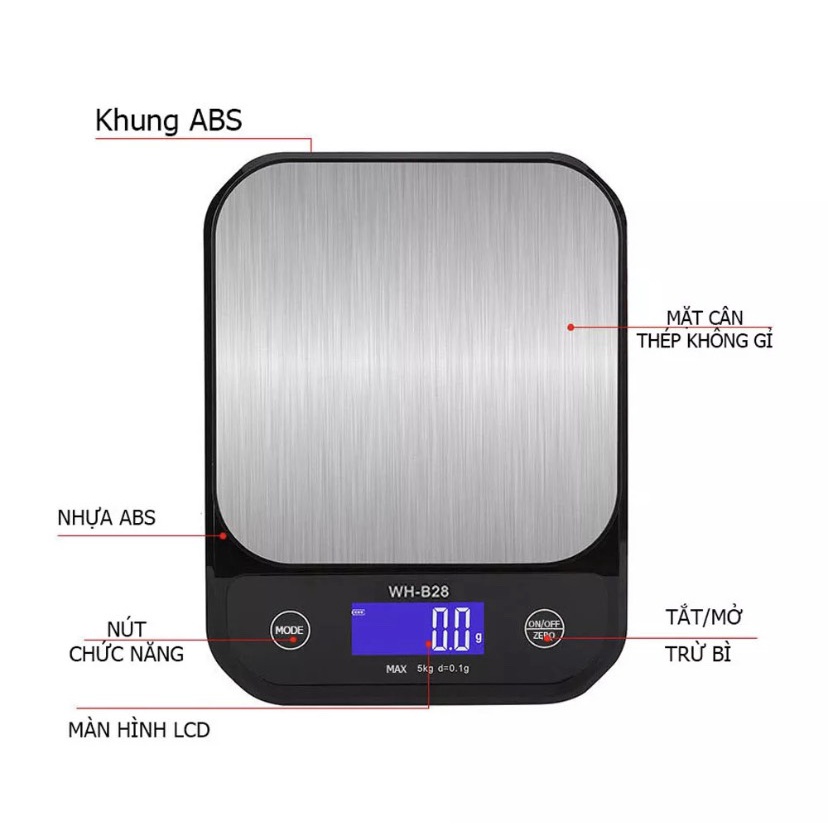 Cân tiểu ly điện tử chịu nước, có sạc lại WH-B28 nhà bếp định lượng 10kg 5kg